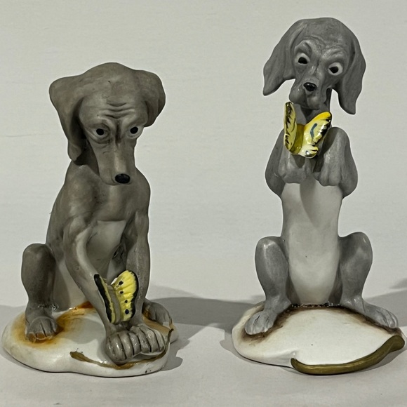 Lot Of 2 Ceramic Weimaraner Dog Figurines with Butterflies Playful Vintage - Picture 1 of 15
